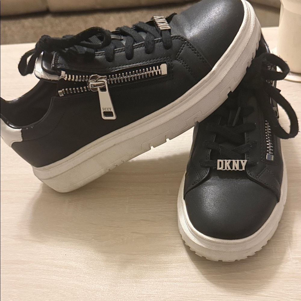 DKNY Black Leather Sneakers with White Sole